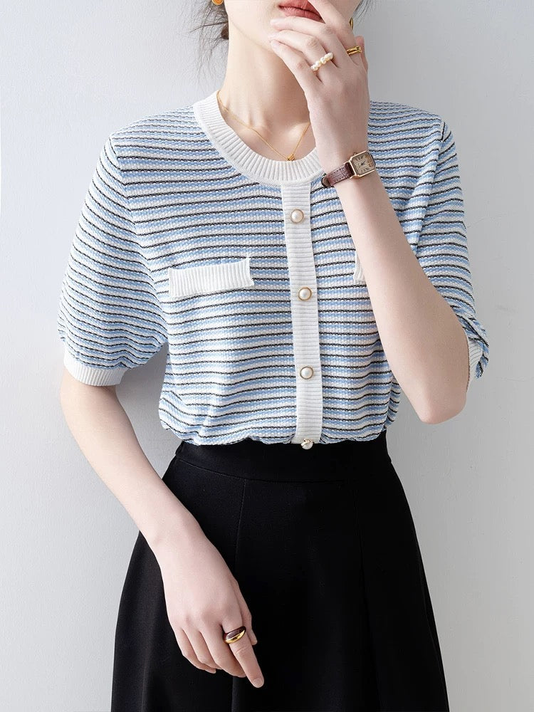Small style striped sweater women 2025 summer new blue loose round neck striped thin short-sleeved top