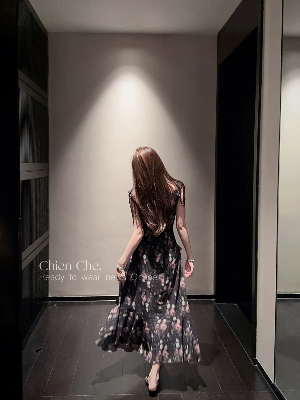 Chien Che, French-style chiffon floral maxi dress, summer style, ruffled hem, small flutter sleeves, fitted waist, spaghetti strap dress for women.