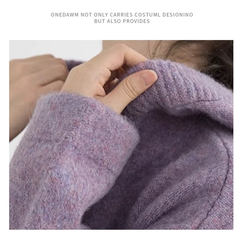 Lazy style thickened knitted cardigan for women 2024 autumn and winter hooded sweater dress purple small fragrance two-piece set