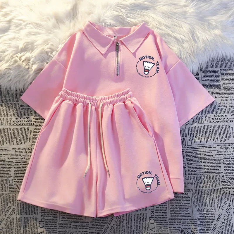 Casual sports style suit female student morning running suit 2025 summer salt-line short-sleeved shorts small two-piece suit