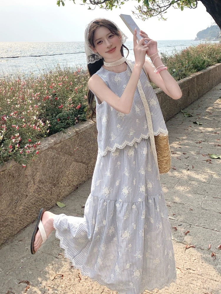Chic and beautiful light blue striped embroidered suit skirt for women 2025 summer sweet sleeveless top skirt two-piece suit