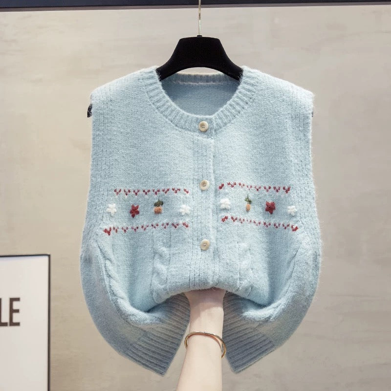 Handmade flower cardigan round neck knitted vest vest women 2025 autumn and winter new loose vest outer wear sweater waistcoat