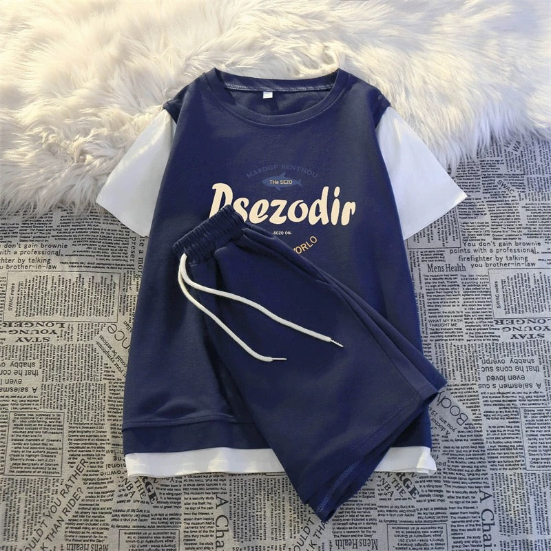 Fake two-piece casual sportswear suit for women summer 2025 new thin style small student running short-sleeved shorts