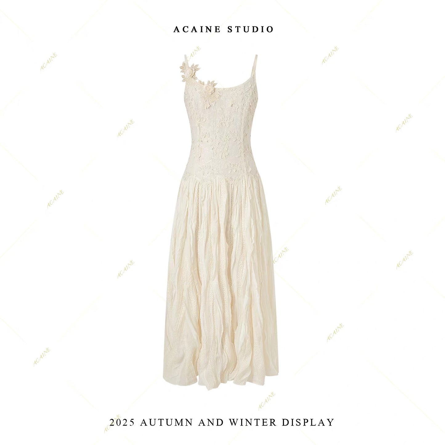 Acaine Apricot Long Fitted Waist Spaghetti Strap Dress for Women, Winter French Retro Style Heavy-Duty Dress