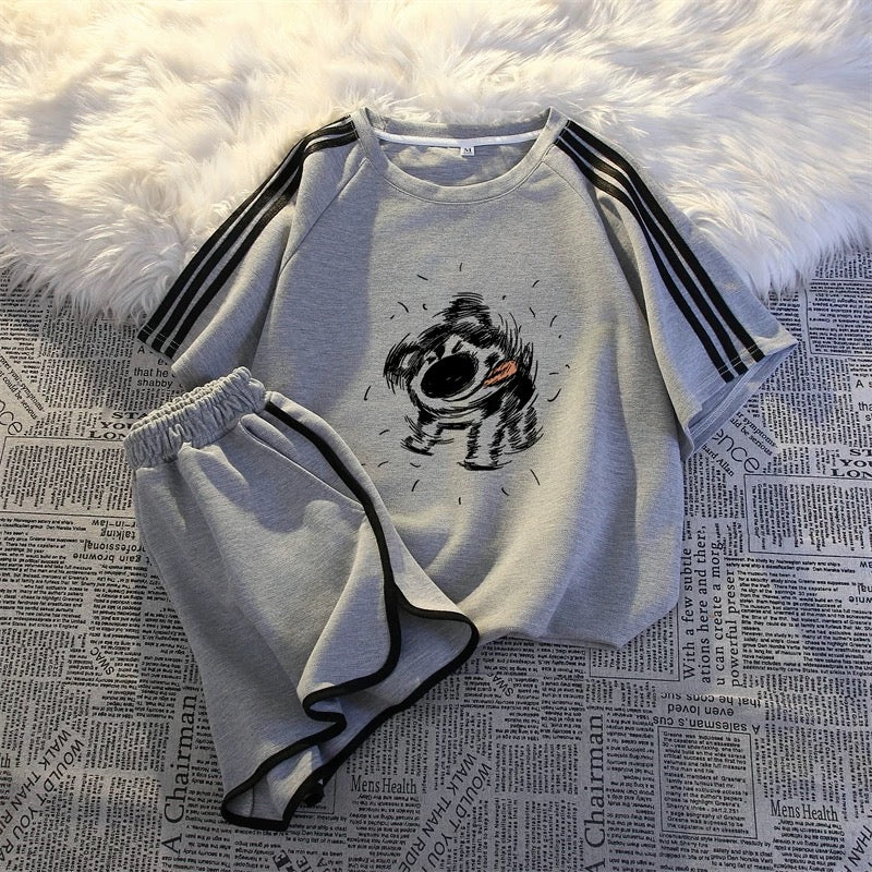 American sportswear suit for women 2025 summer fashion student three-bar short-sleeved casual shorts two-piece suit national trend