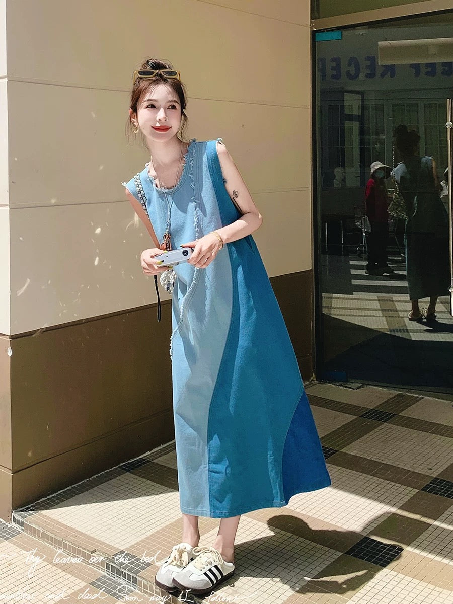 Casual contrast color sleeveless denim vest dress for women 2025 summer new design niche temperament long skirt
