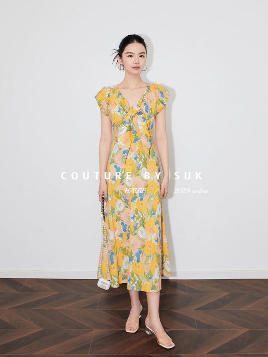 SUK Clear skies in midsummer! Abstract printed lyocell cotton bow-embellished short-sleeved long dress
