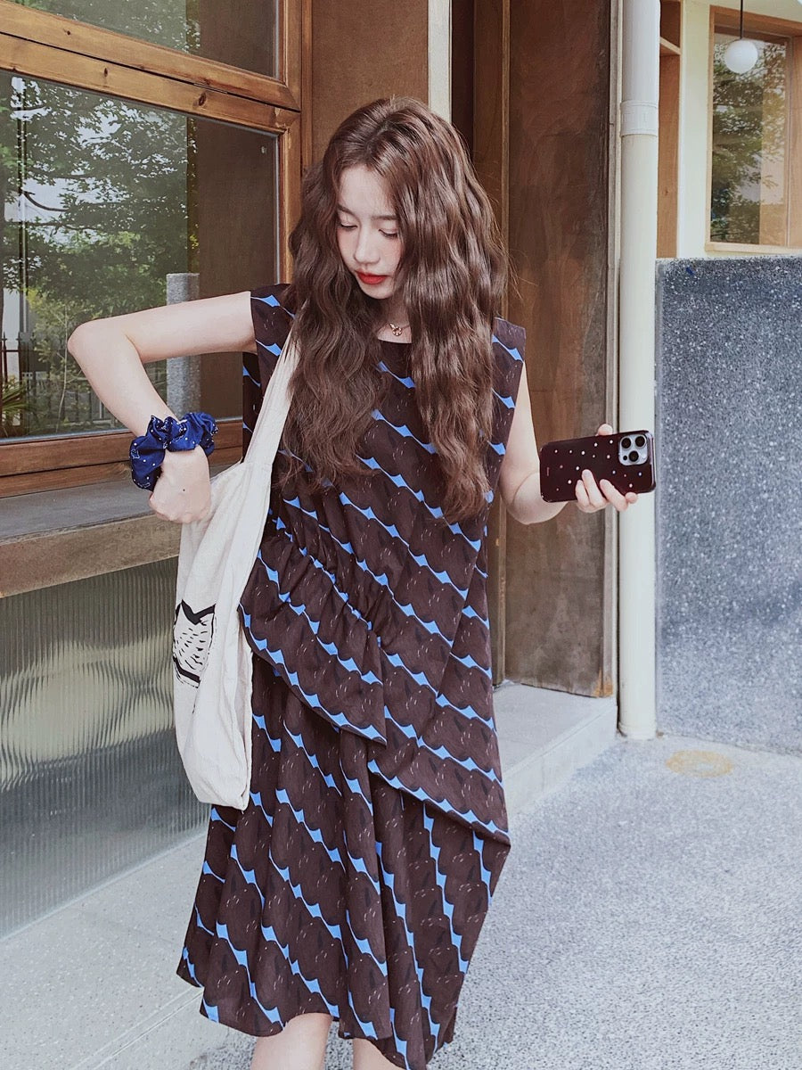 Fashionable and unique pleated design dark brown striped dress for wom   Lee Nhi Boutique