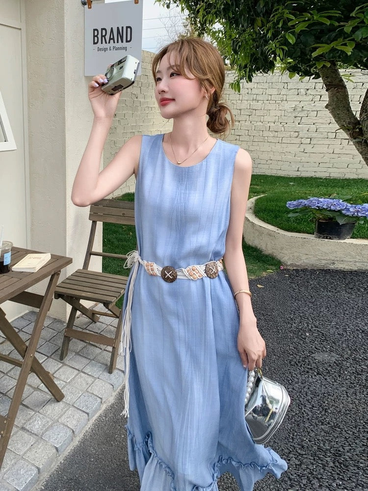 2025 Summer French New Style Dress Solid Color Sleeveless Loose Belt Splicing Vest Skirt Fishtail Midi Skirt Women