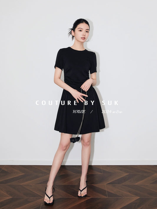 SUK Hepburn style! French retro little black dress summer new black waist dress for women