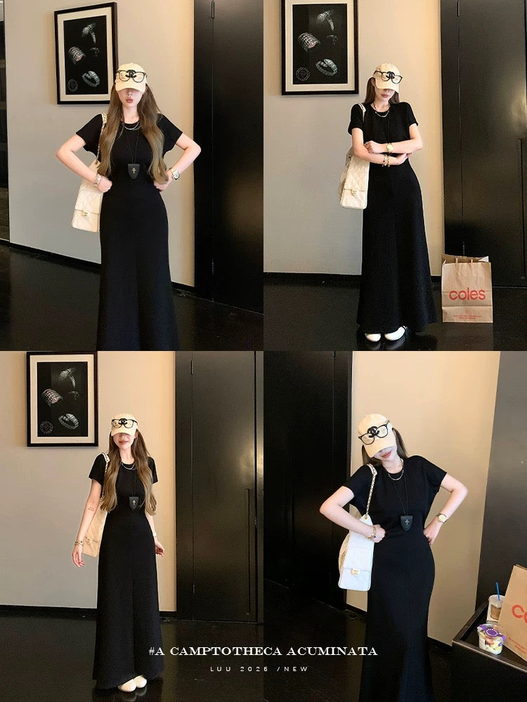 LUU Peach Joy / Round Neck Short Sleeve Slimming Knitted Dress for Women, Spring/Summer, Designer Long Dress, Waist-cinching Niche Dress