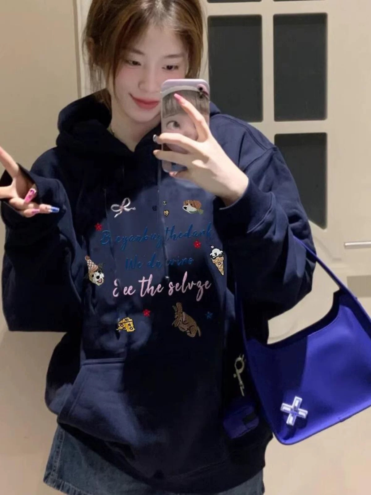 Women's pure cotton navy blue hooded sweatshirt, autumn and winter, fleece-lined, thick, loose, Korean style, relaxed and sophisticated, spring and autumn top.