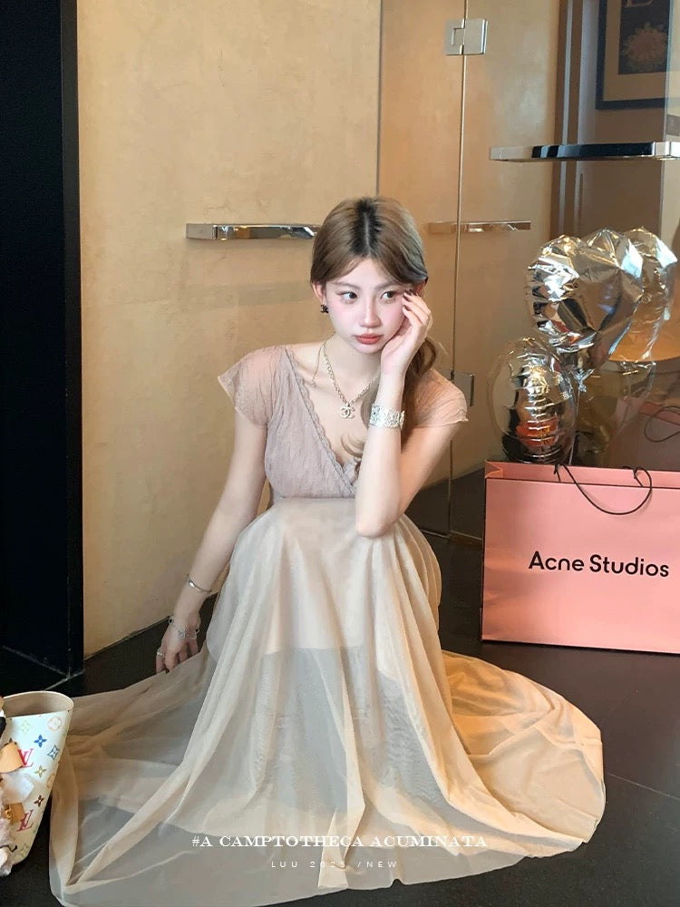 LUU Peach Joy / Pink Thin Pleated Elegant Dress Women's Summer Slim Waist Short Sleeve Long Dress Design Dress