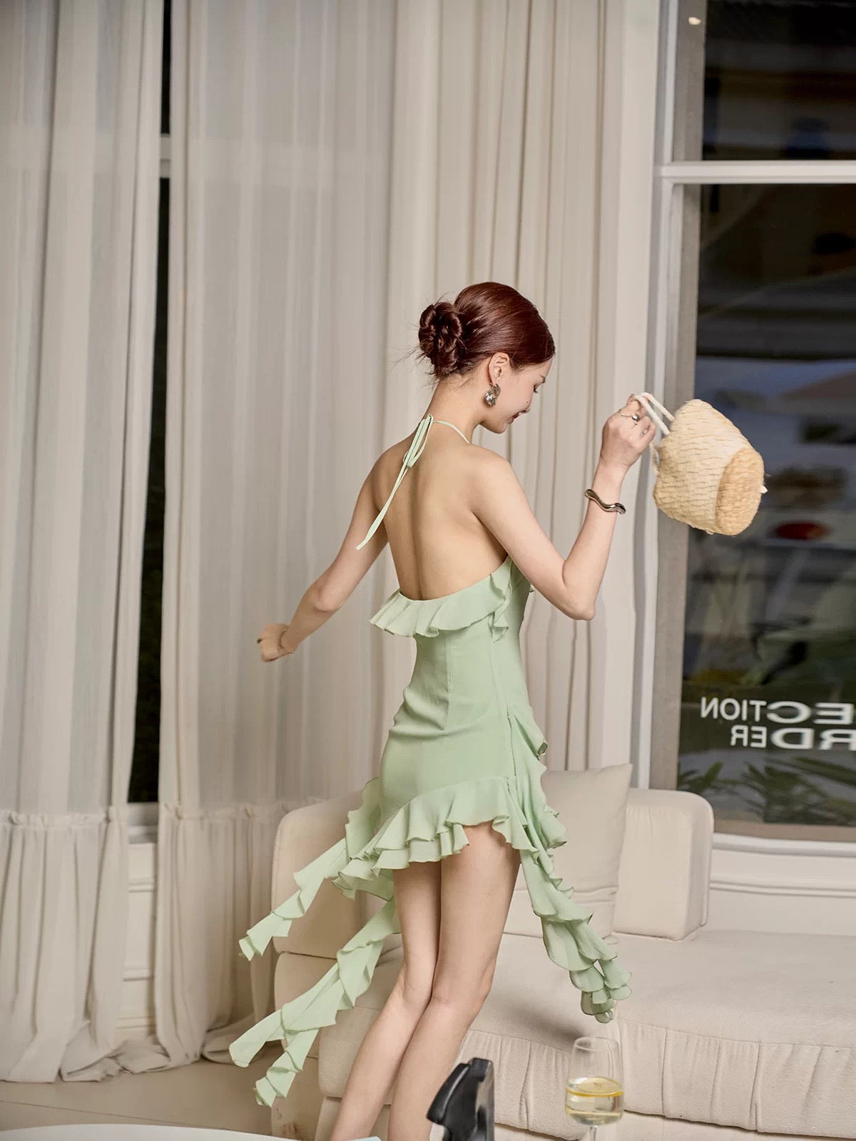 Mint green sundress with irregular ruffles, perfect for a beach vacation, fairy-like dress. (journeyj)