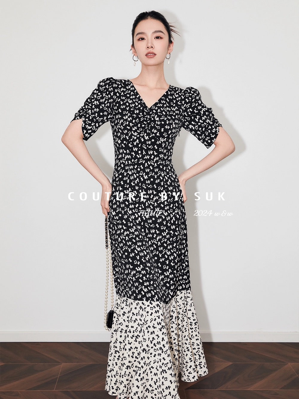 SUK Flying Flowers and Flowing Shadows! 2024 summer new floral skirt French elegant long skirt black waist dress for women