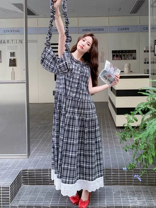 Retro plaid lace collar age-reducing sleeveless dress for women 2025 s Lee Nhi Boutique Retro plaid lace collar age-reducing sleeveless dress for women 2025 s Lee Nhi Boutique