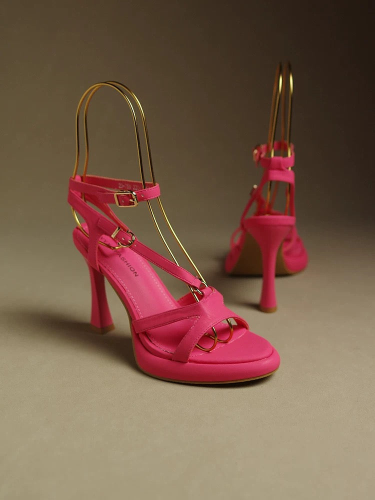 Rose red designer sandals for women 2023 summer new fashion round toe thick sole high heels stiletto heel elegant lady