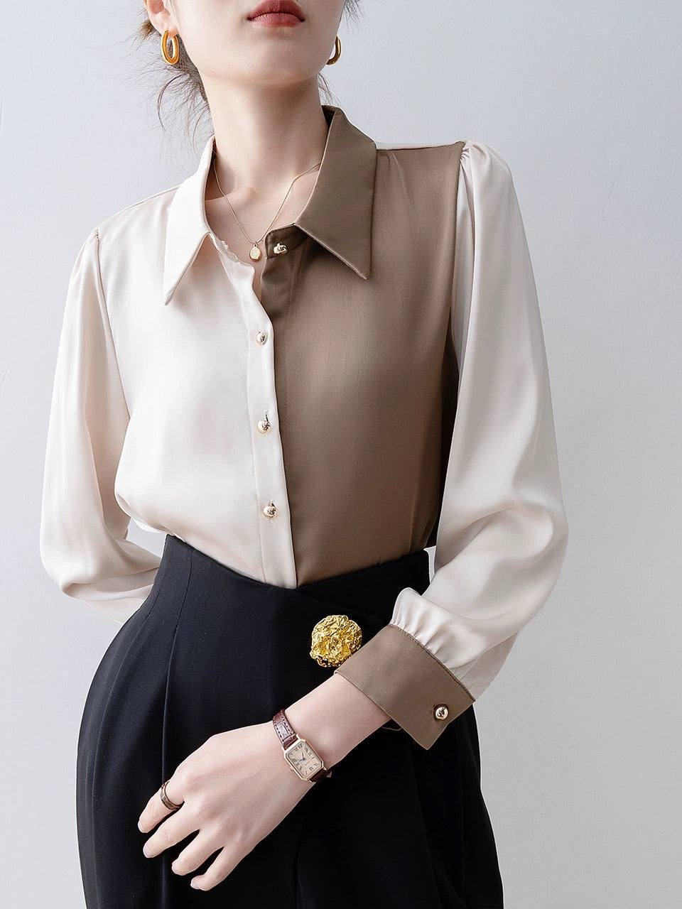 Early spring clothing for women 2024 new polo collar patchwork shirt long-sleeved shirt high-end wear tops for small people