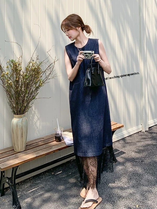 Korean style lace stitching sleeveless denim dress female 2025 summer new loose slim fashion vest long skirt