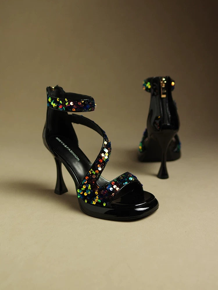 Sequined waterproof platform sandals for women 2023 new patent leather square toe internet celebrity summer high heels stiletto heels elegant lady