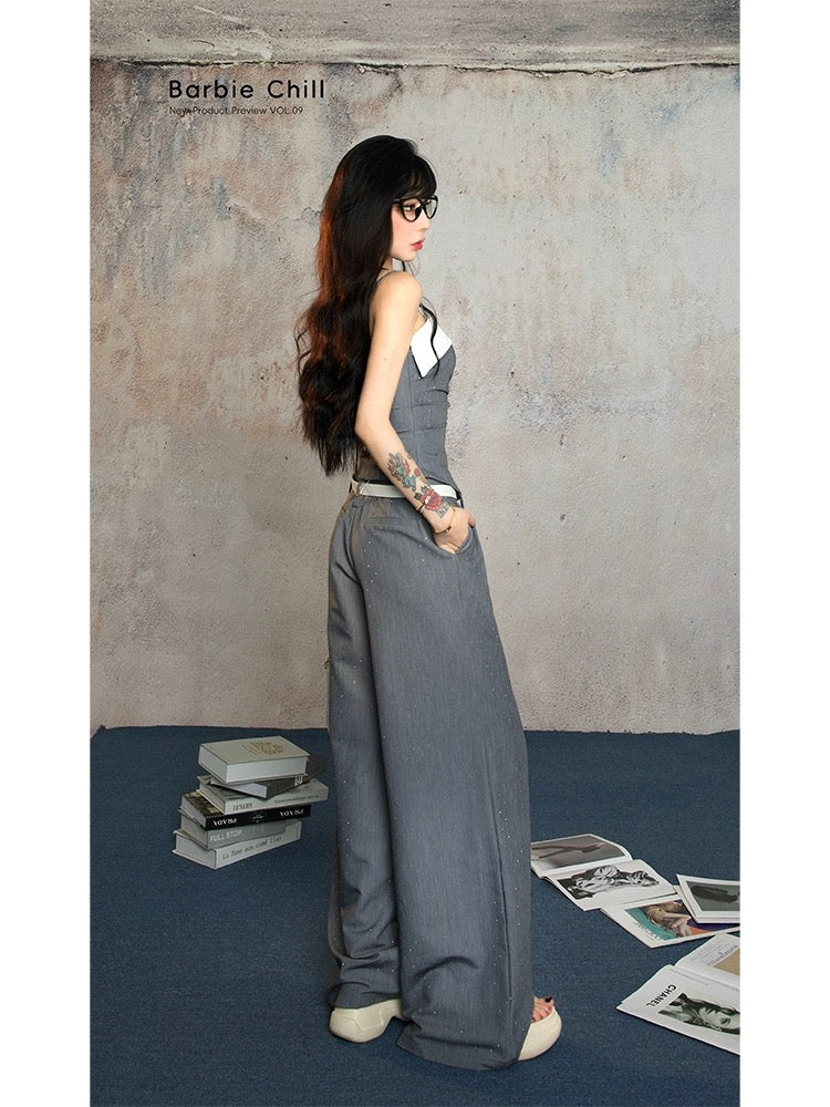 Auntie Barbie's hot girl has a set of lazy-style outfits for women. Summer designer suspender tops and casual wide-leg pants two-piece set