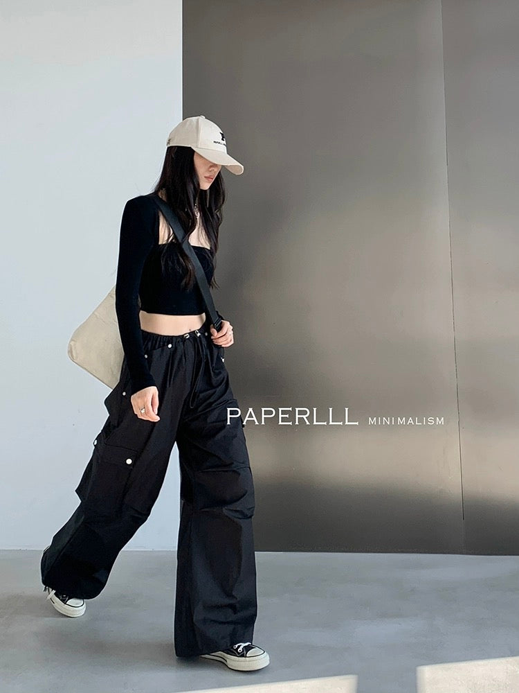 PAPERLLL Xinjian 2024 new high street drawstring loose design trousers straight white overalls for women