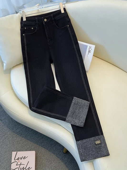 Black cigarette pants jeans for women summer 2024 new retro slim cuffed small nine-point straight pants