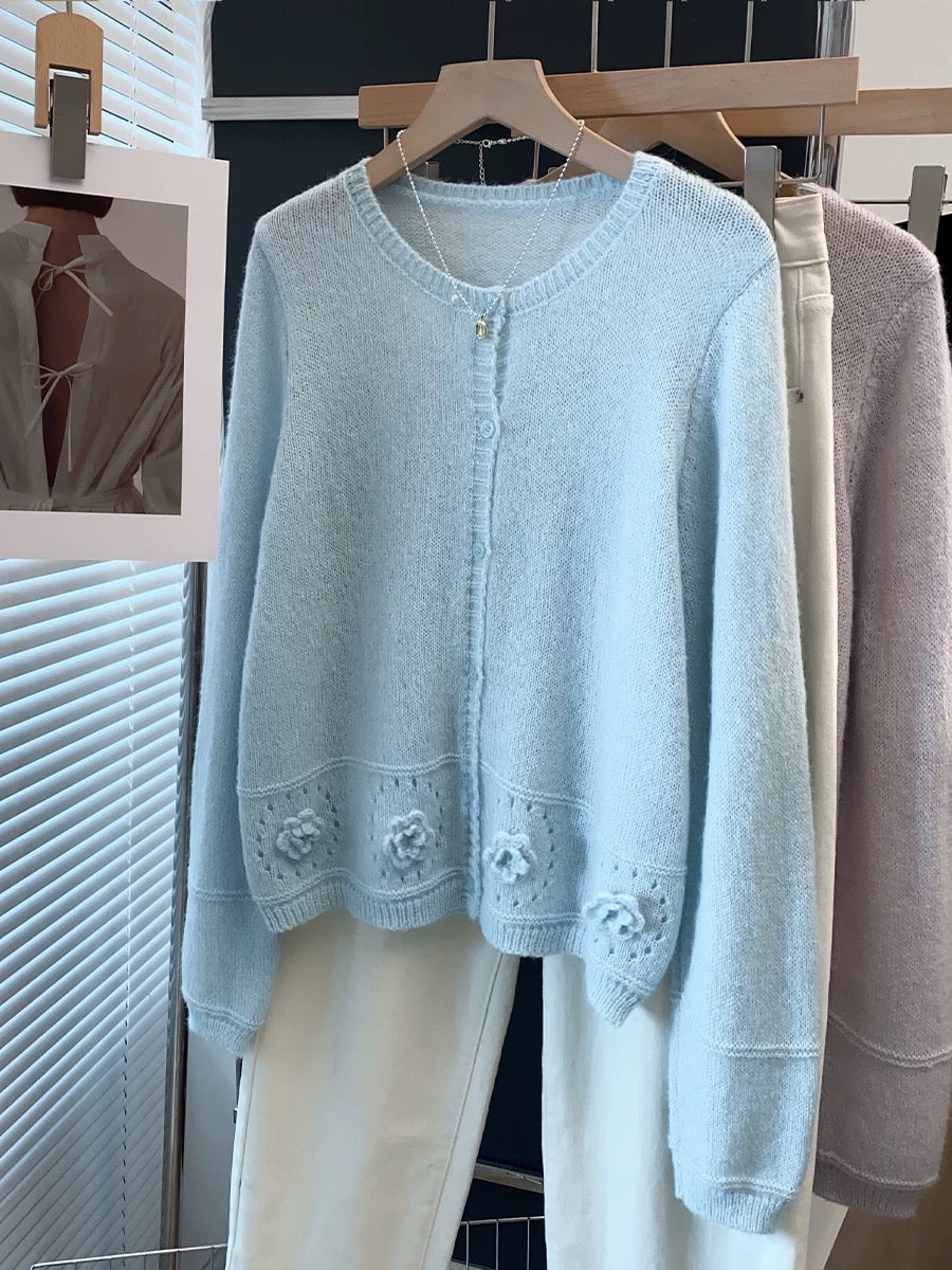Mohair handmade flower round neck sweater jacket women 2025 spring and autumn new style outer wear loose knitted cardigan trend