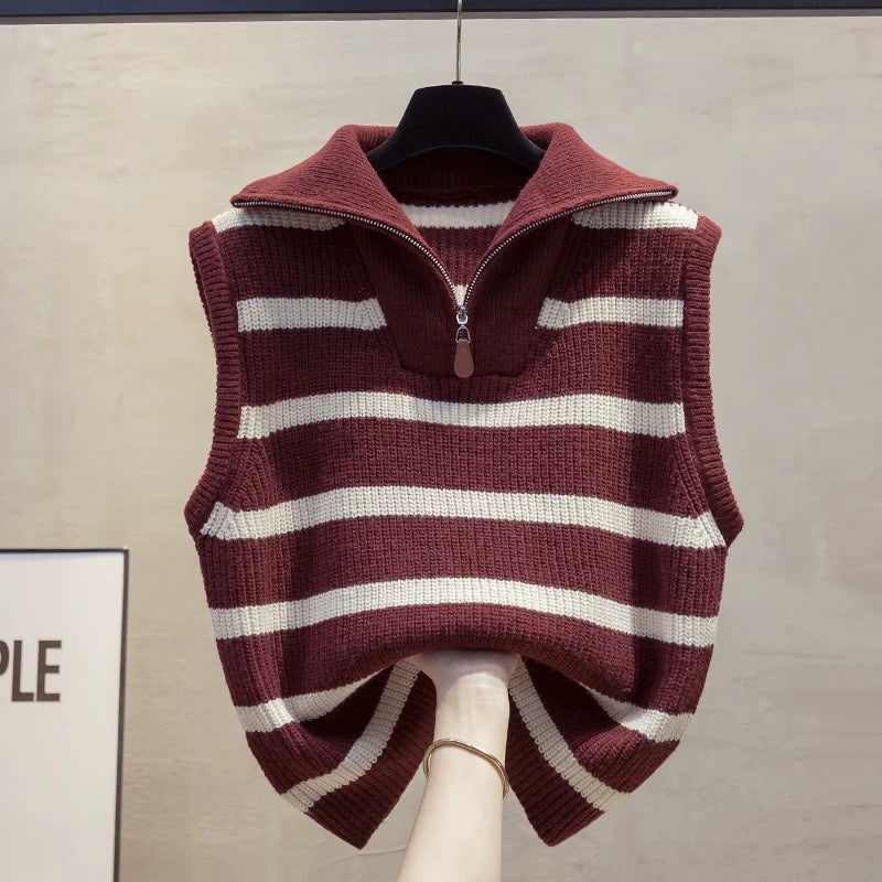 High collar zipper striped knitted vest vest 2025 autumn and winter new loose outer wear vest lapel sweater waistcoat