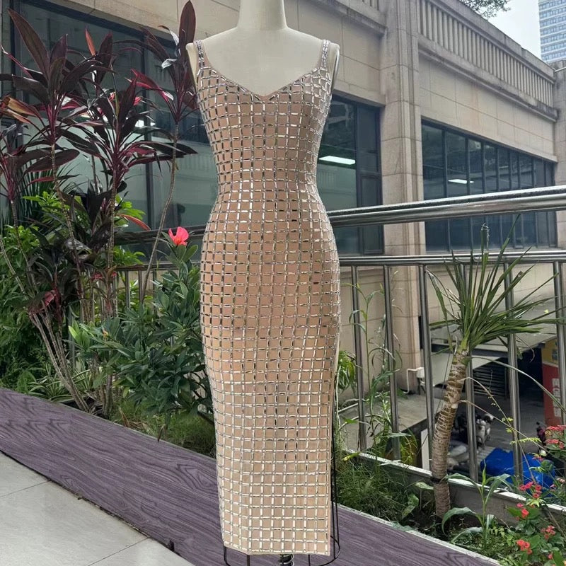 Sevev agent French heavy industry hot diamond sexy suspender backless long dress banquet slit dress D6554