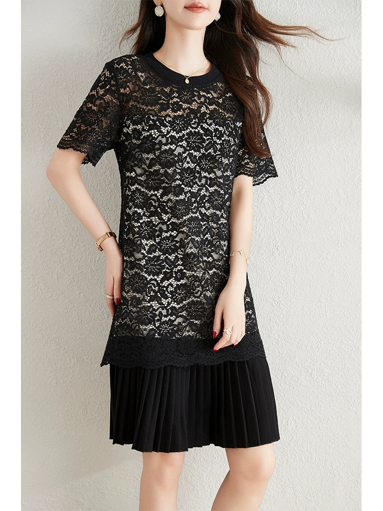 High-end hollow lace dress for women 2024 summer new temperament slim little black dress casual pleated skirt