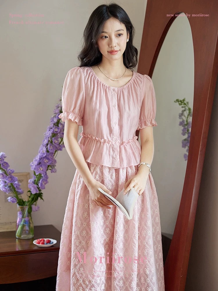 Moriirose pink round neck ruffled waist embroidered shirt + skirt suit women's summer two-piece suit
