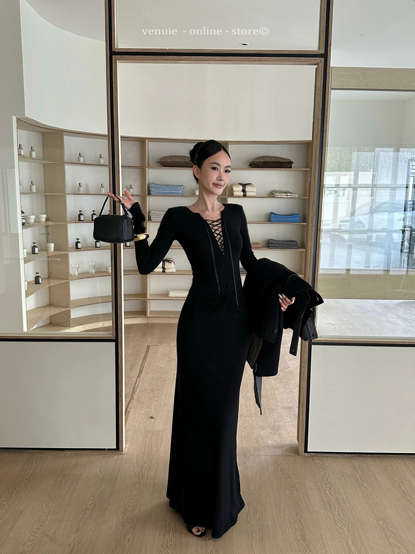 VENUIE Lyocell elegant black long bodycon dress, fitted hip-hugging skirt, sexy deep V-neck tie-up knit dress