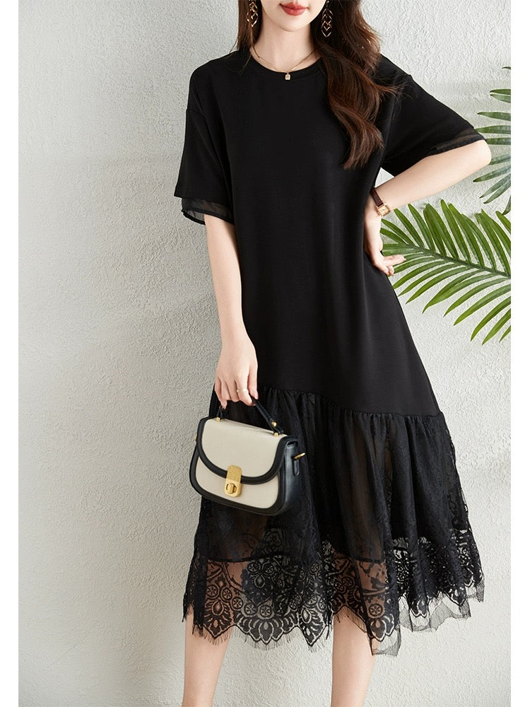 Hepburn style black lace splicing dress women's new summer large size fat mm loose belly-covering slim long skirt