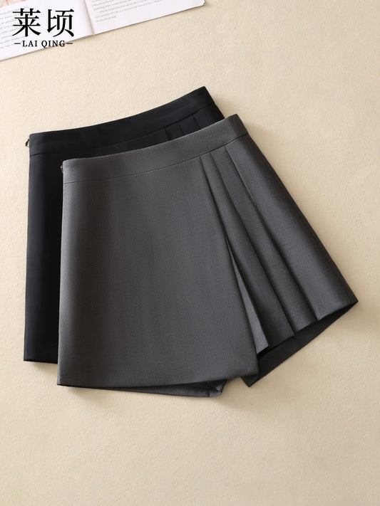 Gray suit culottes women's shorts 2024 spring and summer outerwear high-waist temperament pleated skirt irregular casual A-line pants