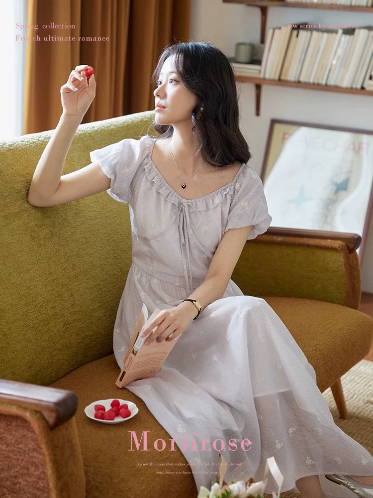 Moriirose lotus purple lace-up puff sleeve jacquard dress for women in –  Lee Nhi Boutique