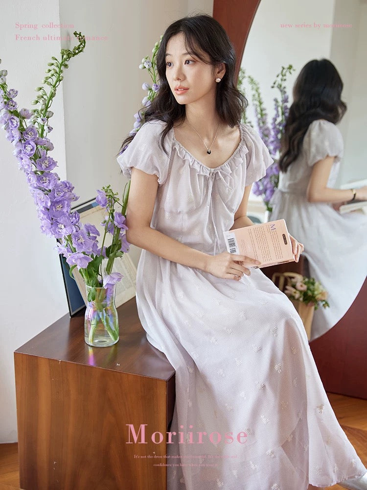 Moriirose lotus purple lace-up puff sleeve jacquard dress for women in summer retro waist slimming mid-length skirt