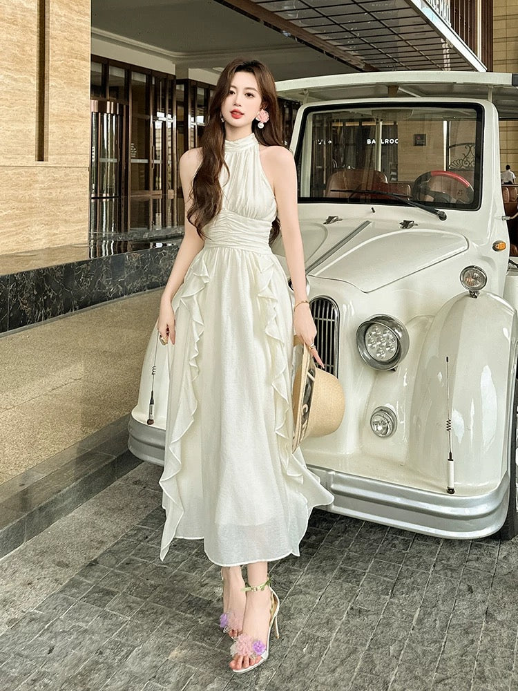 Off-shoulder sleeveless holiday style high-end light luxury dress summer waist slimming petite halterneck fairy princess dress