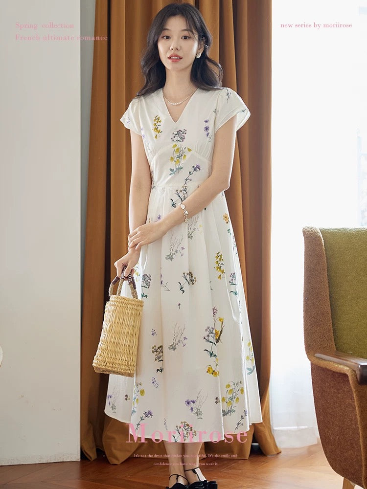 Moriirose double sleeve plant print dress women's summer retro high waist slim v-neck mid-length skirt