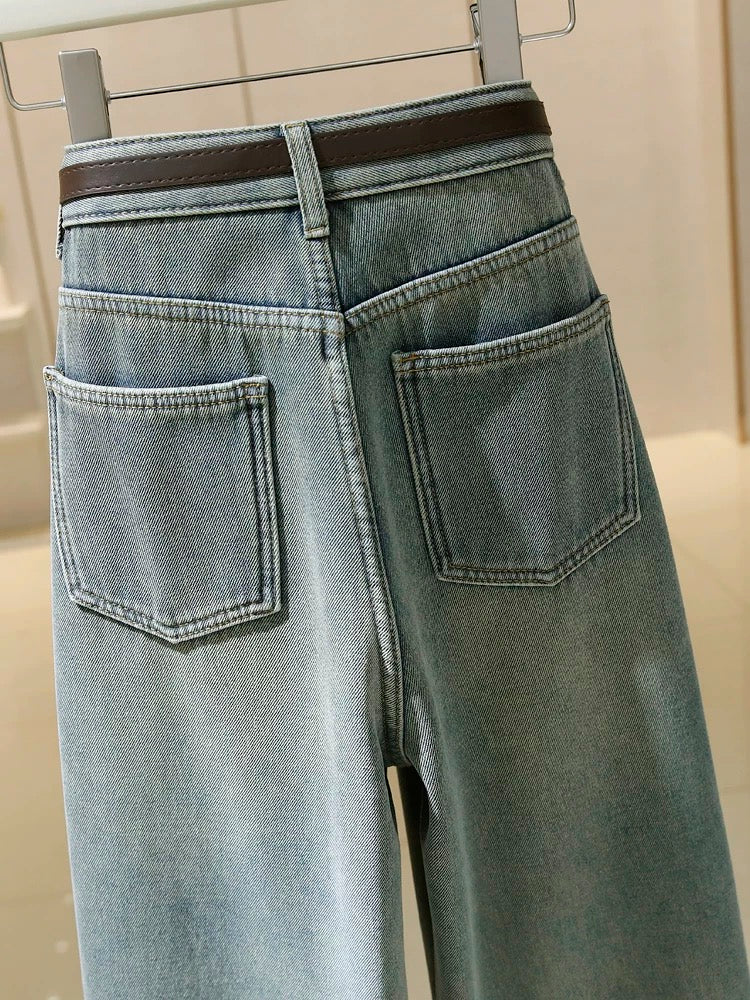 Light blue wide-leg jeans for women high-waisted 2024 spring and autumn new style retro loose slimming floor-length straight long pants