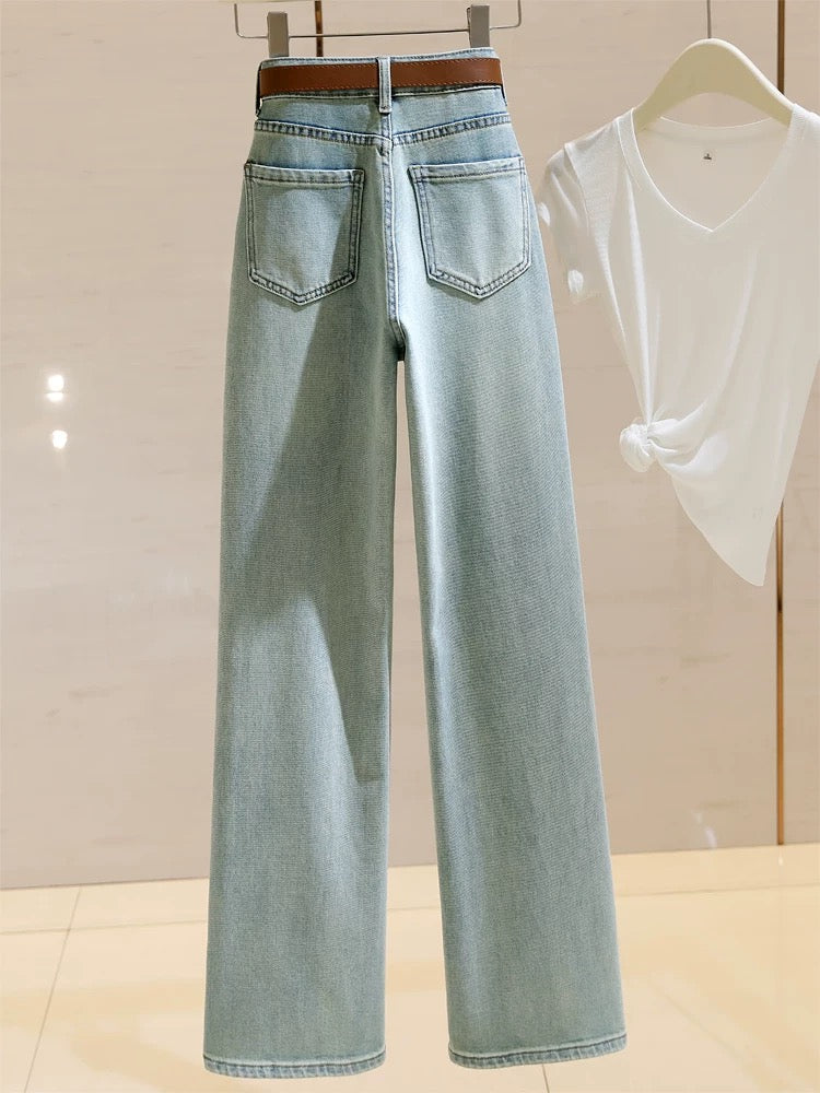 Light Blue Narrow Wide Leg Jeans Women's High Waist 2024 Spring New Loose Slimming Stretch Versatile Straight Pants