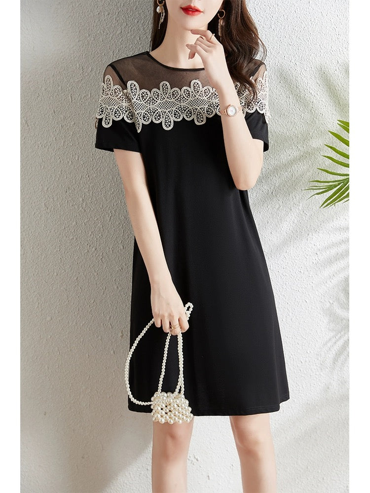 Mesh lace splicing black dress for women summer 2024 new style small loose slimming straight skirt