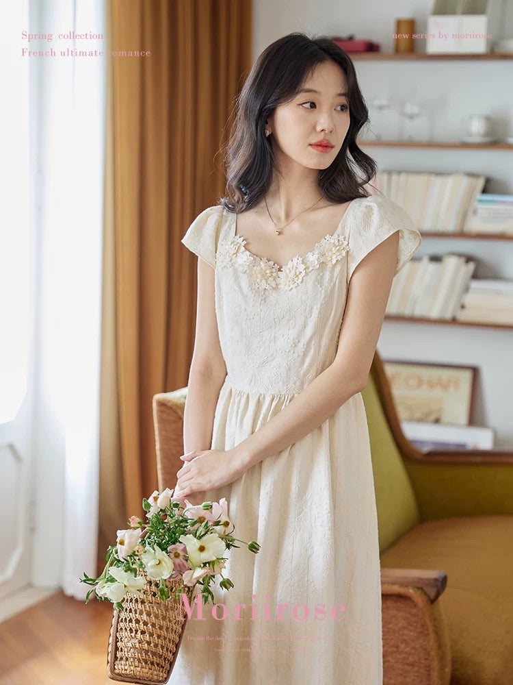 Moriirose beige three-dimensional flower embroidery flying sleeve dress female summer retro high waist slim mid-length skirt