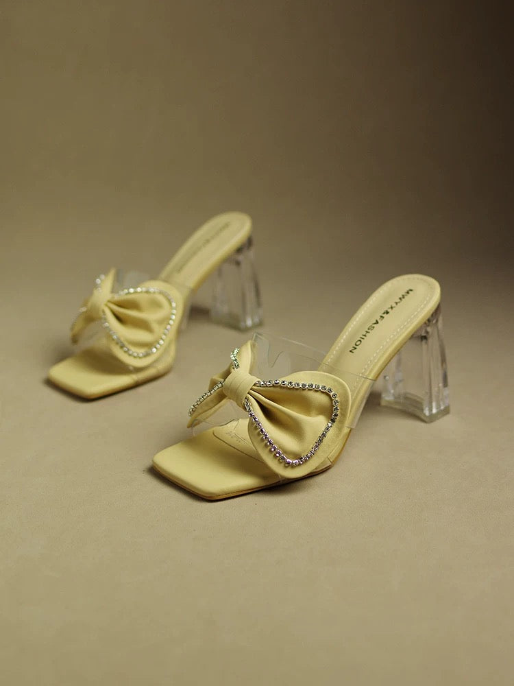 Rhinestone bow high-heeled slippers for women's outerwear 2023 new transparent thick heel square toe shoes for ladies with summer temperament