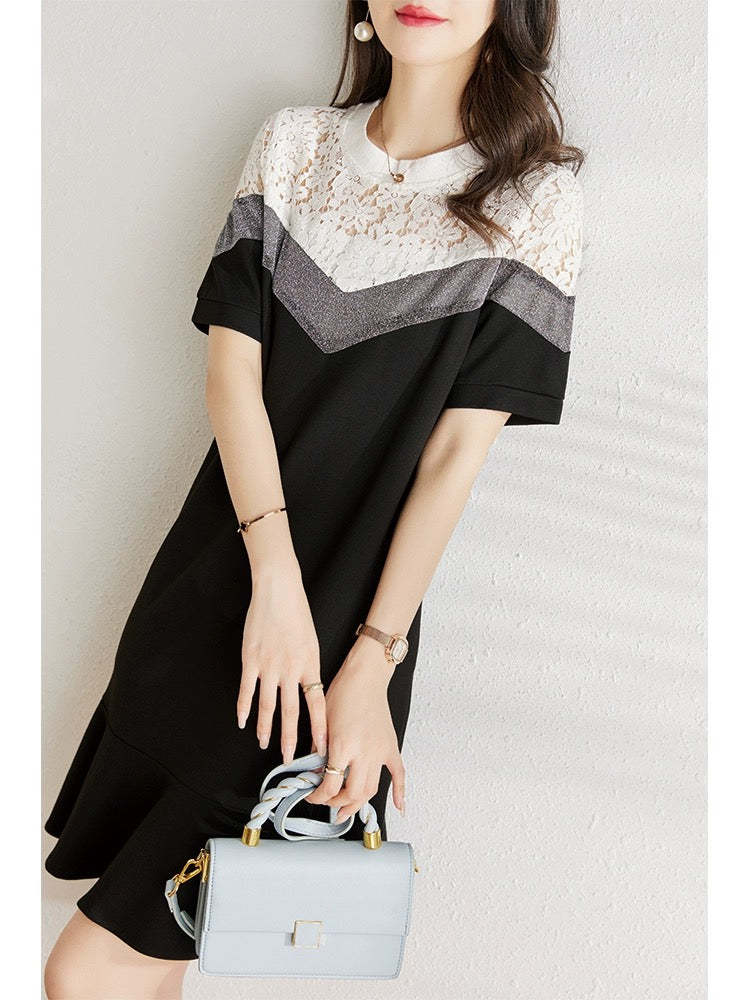 Lace splicing dress for women summer 2024 new fashion loose and belly-covering slimming temperament chic fishtail skirt