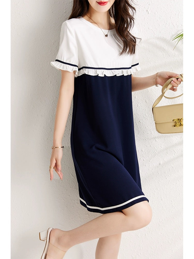 Contrast color splicing design chiffon dress for women summer 2024 new style covering the flesh, showing slimming temperament, fashionable a-line skirt