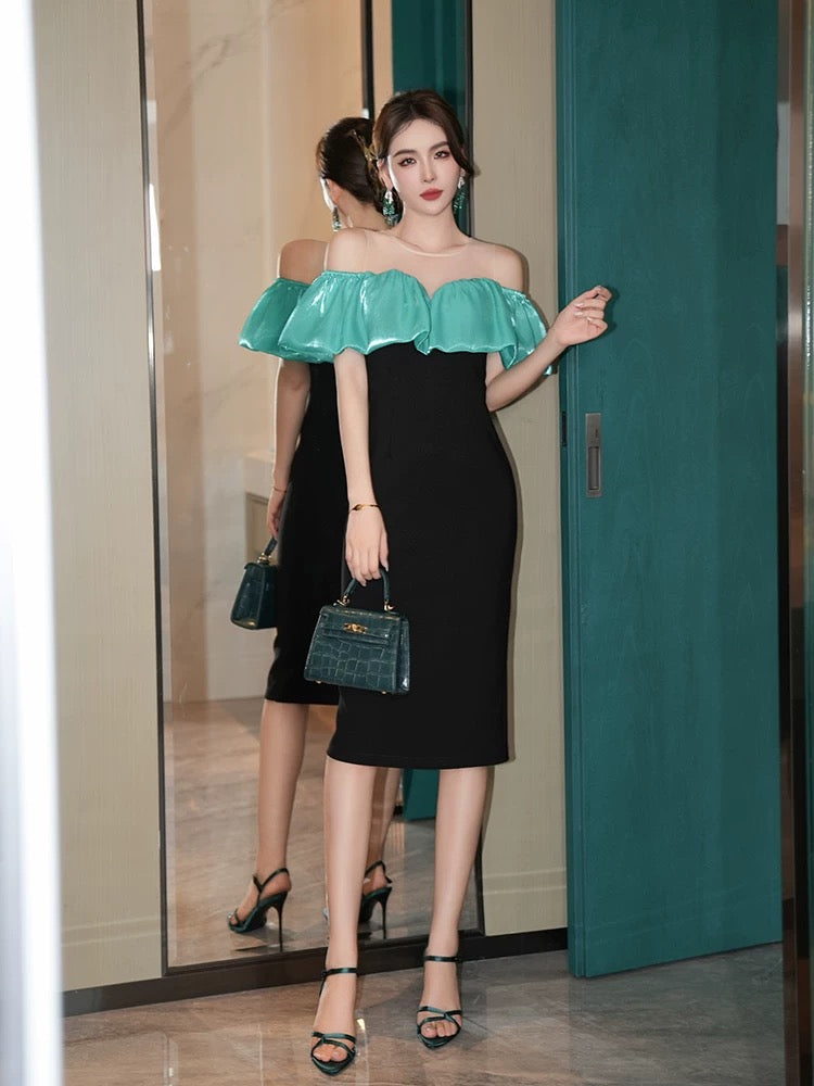 One-shoulder dress summer new style black temperament slim hip-covering sexy off-shoulder ruffled little black dress