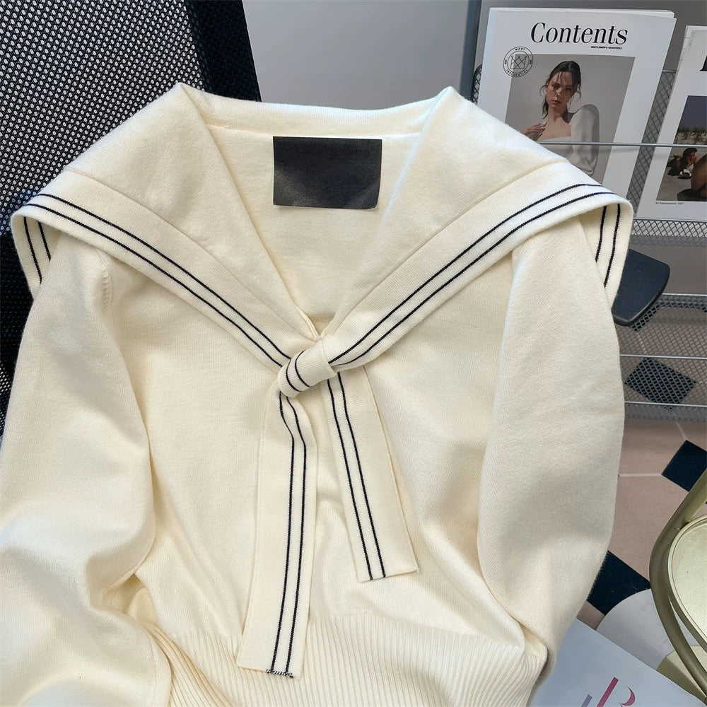 French milk-style gentle navy collar shawl sweater for women autumn and winter college style slim waist short knitted sweater top