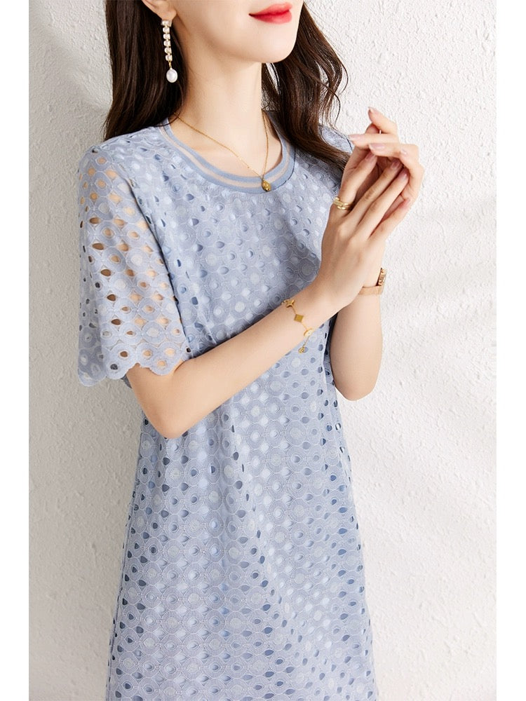 Blue Hollow Lace Dress Women Summer 2024 New Small Loose Belly Covering Slimming Chic Pleated Skirt