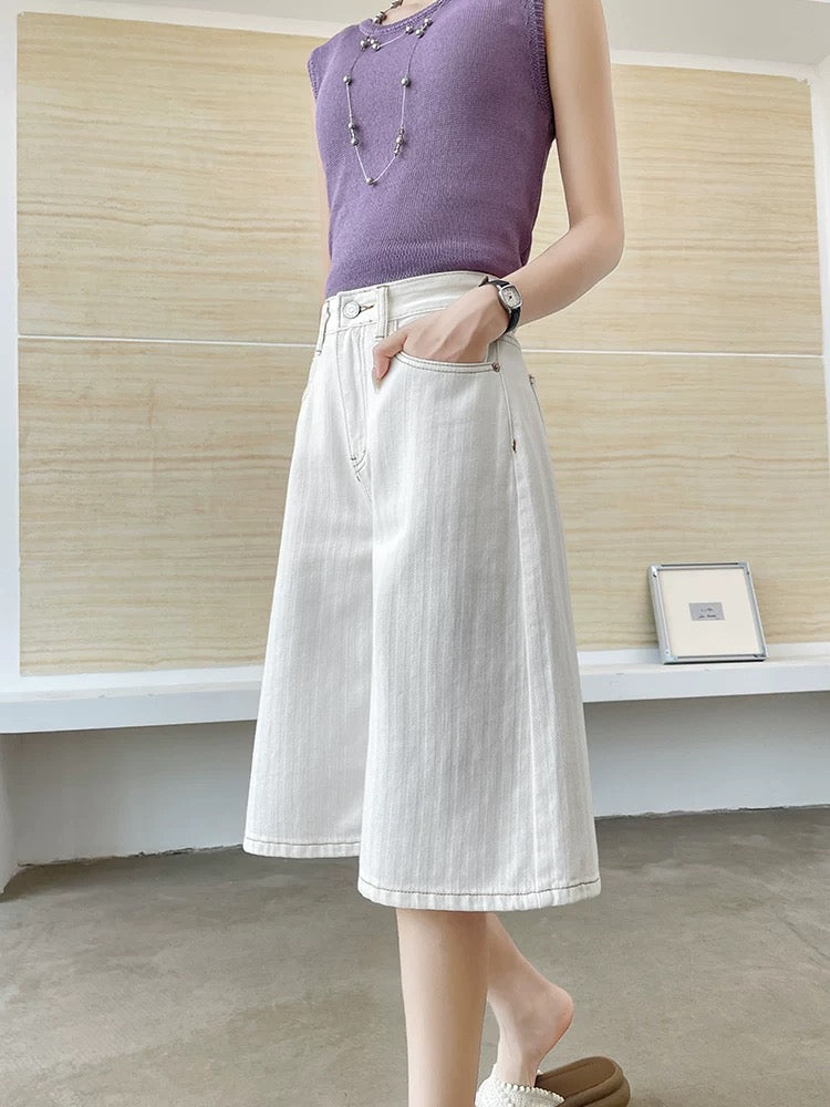 Pure cotton five-point denim shorts for women in summer thin loose straight white striped casual wide-leg five-point mid-length pants